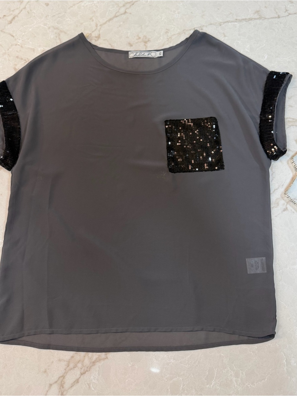 Chloe K Gray Short-Sleeve Sheer Tee with Black Sequin Pocket